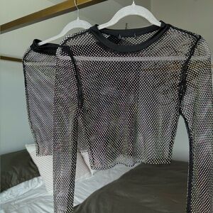 Black Crystal Mesh Two-Piece Set Crystal Festival Mini Skirt + Crop Top S/M